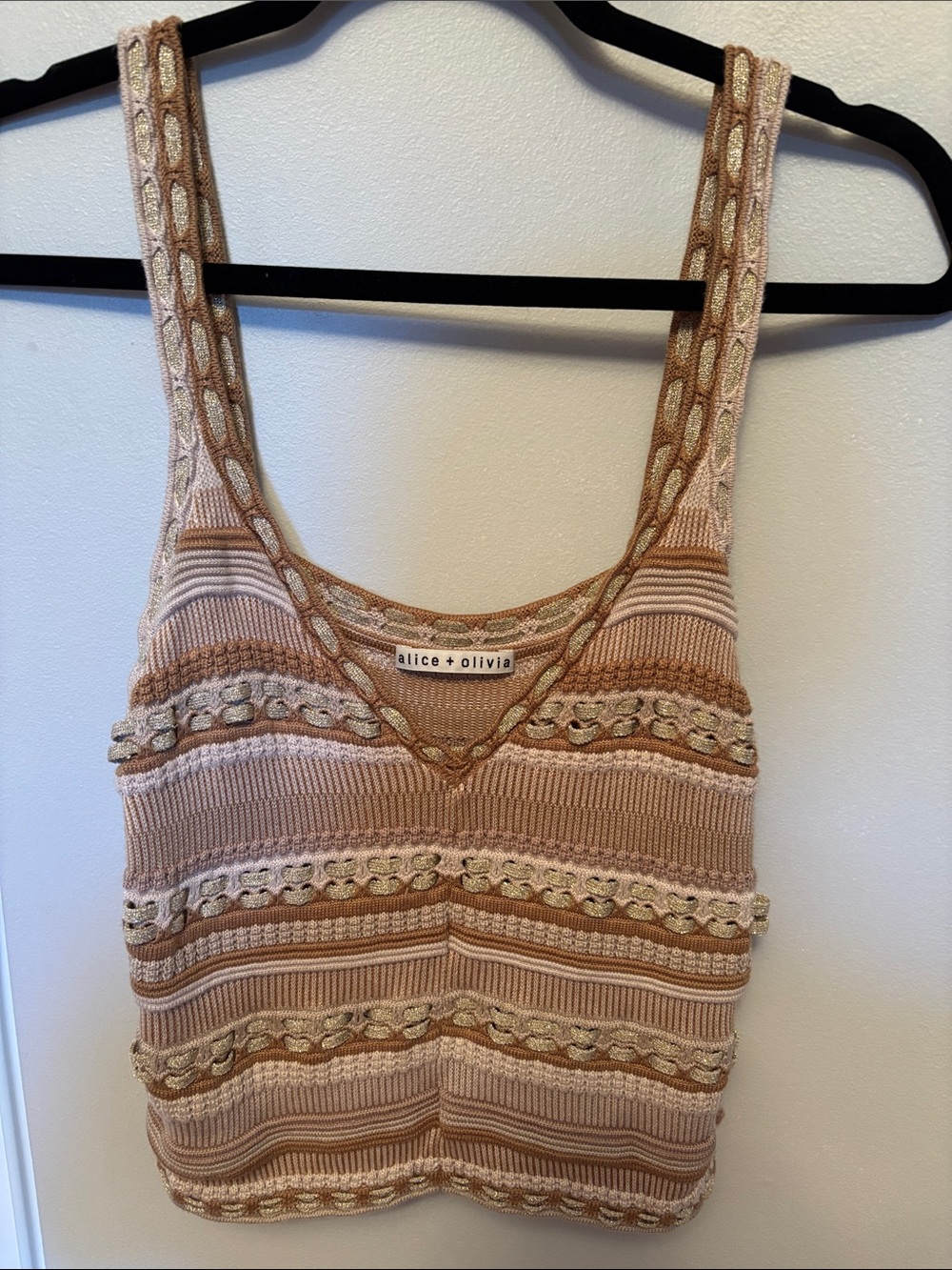 alice + olivia Blush and Tan Crochet-Trim Knit Tank